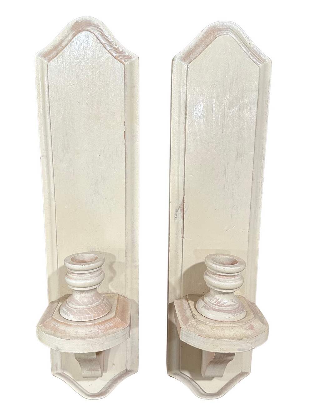 Vintage Wooden Wall Candle Sconces Set Of Two Cream Country Farmhouse Cottage